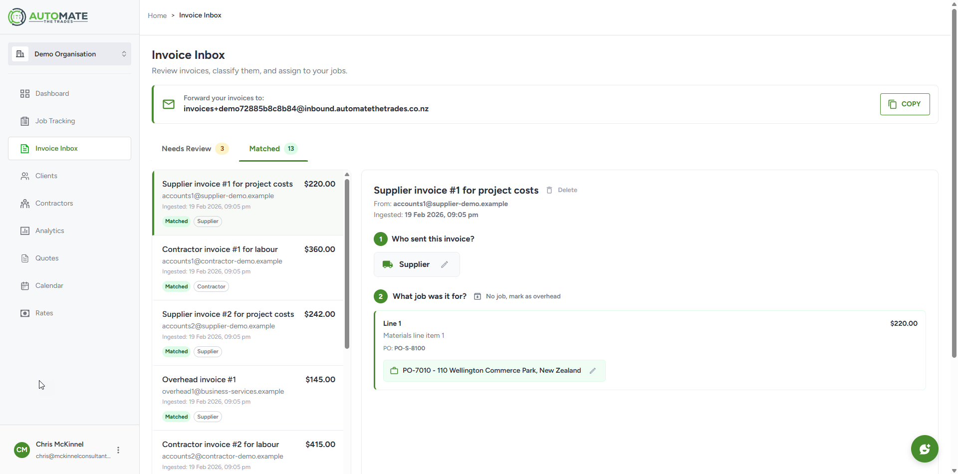 Invoice inbox showing AI-categorised invoices linked to jobs