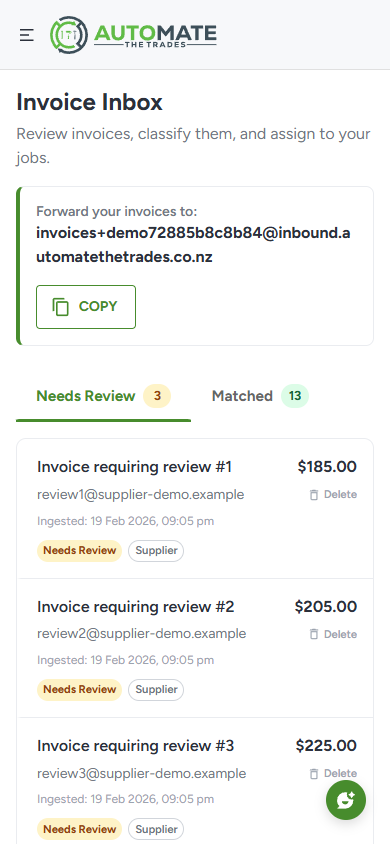 Invoice inbox on mobile